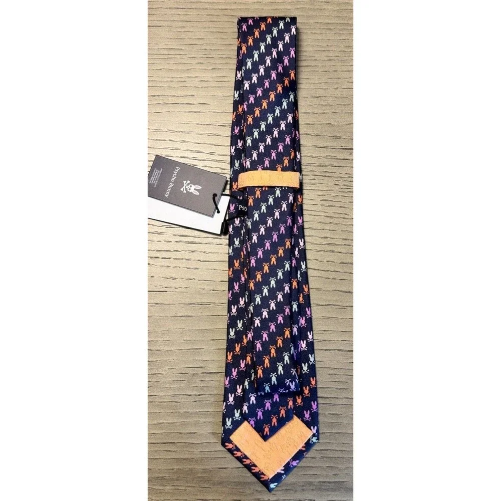 PSYCHO BUNNY Multiears All Over Bunny Pink Blue Silk Neck Tie
